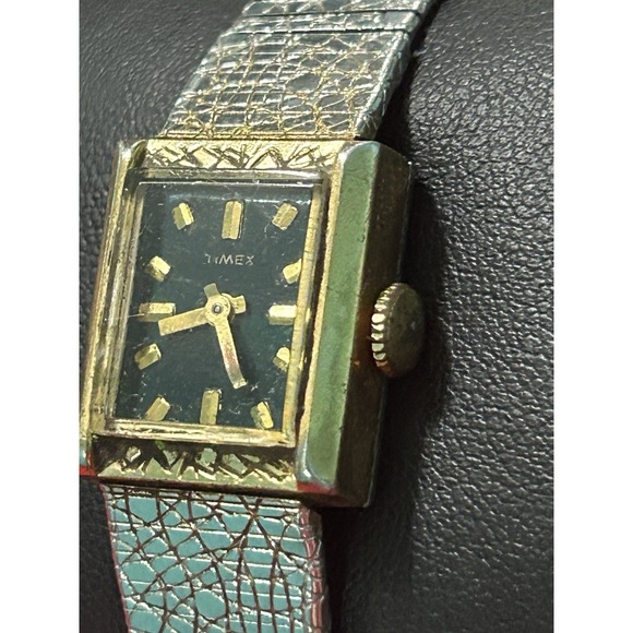 Vintage Timex Gold Tank Watch With Dark Green Dial Wind‎ Up Womens Watch main image 8